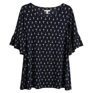 Charter Club Slinky Knit Top Pineapple Palm Tree Blouse Shirt Black 1X